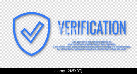 Shield blue icon with check mark. Data protection concept. verified information. Text - verification. Vector illustration on a transparent background. Stock Vector