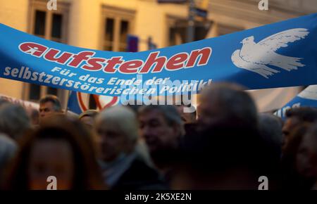 Schwerin, Germany. 10th Oct, 2022. Participants start for a demonstration against the energy policy in the Northeast, a banner reads 'stand up For the end of self-destructive policy!'. Credit: Bernd Wüstneck/dpa/Alamy Live News Stock Photo