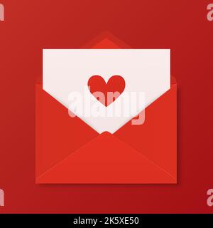 Vector 3d Realistic Opened Red Envelope on Red Background with Heart. Isolated Envelope with Paper Sheet Inside. Invitation, Message, Letter Template Stock Vector