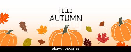 Autumn background with falling autumn colored leaves and pumpkins. Vector illustration Stock Vector