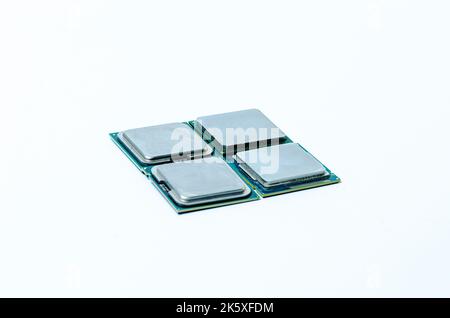 Computer processor CPU  Central processing unit microchip  isolated on white background Closeup  the bottom side, socket contact for personal computer Stock Photo