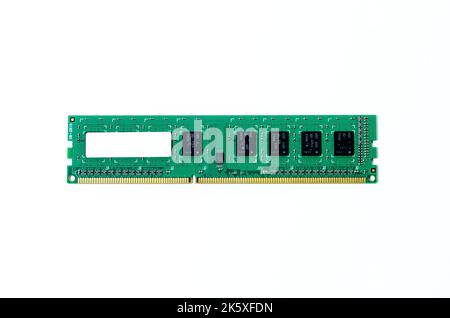 Computer memory card Close up memory socket on board computer server RAM on white background . system, main memory, random access memory, onboard, com Stock Photo
