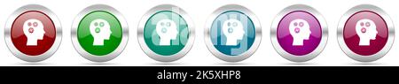Head silver metallic vector icon set, round glossy buttons with chrome border for web design Stock Vector