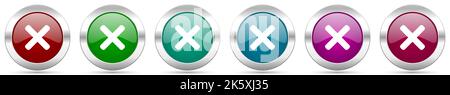Cancel, cross silver metallic vector icon set, round glossy buttons with chrome border for web design Stock Vector