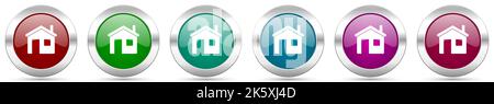 House, home silver metallic vector icon set, round glossy buttons with chrome border for web design Stock Vector