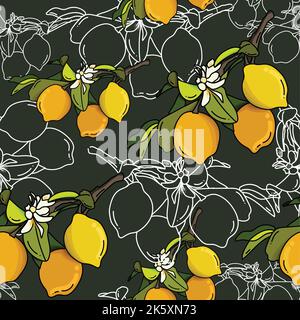 Tropical seamless pattern with yellow lemons. Fruit repeated background. Vector bright print for fabric or wallpaper. Stock Vector