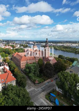 A bird's eye view of the Town Hall of Szczecin in Poland under a cloudy blue sky Stock Photo