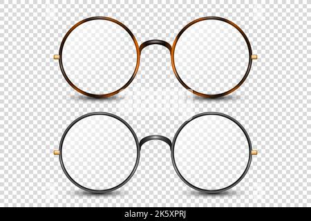 Vector 3d Realistic Leopard, Black Round Frame Glasses Set with Clear Colorless Transparent Glass Isolated, Eyeglasses for Women and Men, Accessory Stock Vector