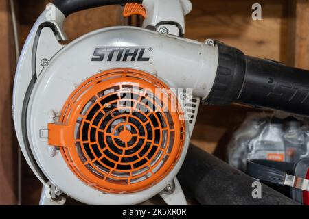 New Hope, Minnesota - October 1, 2022: A Close up of a Stihl brand leaf blower in a garage Stock Photo