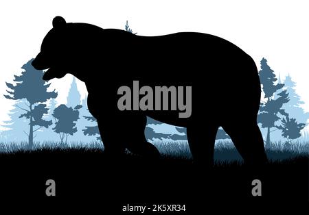 Adult bear. Wild animals. Glade in forest. Silhouette figures. Isolated on white background. Vector Stock Vector