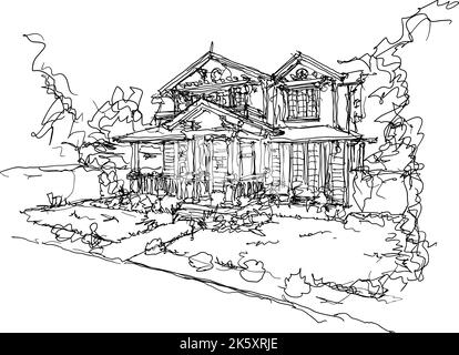 hand drawn architectural sketch of beautiful classic detached village house with garden  and trees Stock Photo