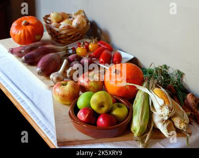 fruit and vegetables in still life on table Stock Photo