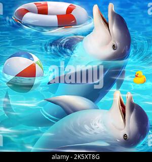 picture of two dolphins being trained in a pond, with a buoy, ball and rubber duck Stock Photo