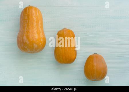 Three orange pumpkins on a green mint vintage background. Top view of a minimalistic pumpkin composition with space for text. Warm natural light and s Stock Photo