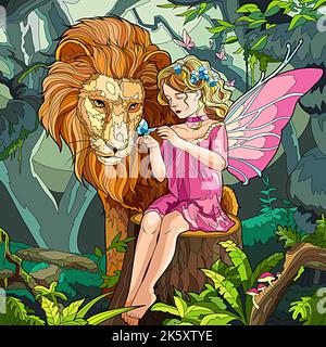 illustration of a lion and a girl wearing a fairy costume in the forest Stock Photo