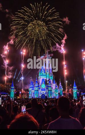 The nightly fireworks display in front of the Disney Castle at Magic Kingdom in Disney World, Orlando, Florida Stock Photo