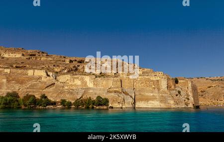 Yavuzeli, Gaziantep, Turkey. The historical castle view - the local name is -Rumkale. It is on a hill covered with high rocks. Stock Photo