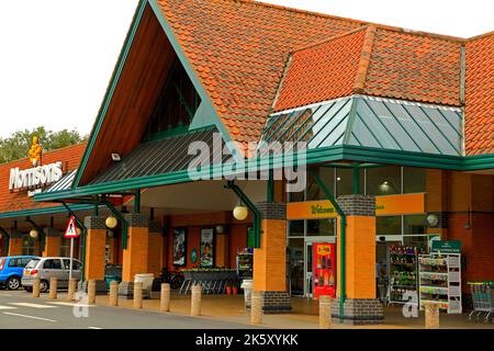 Morrisons Supermarket, entrance,  foyer, Fakenham, Norfolk, England, UK Stock Photo