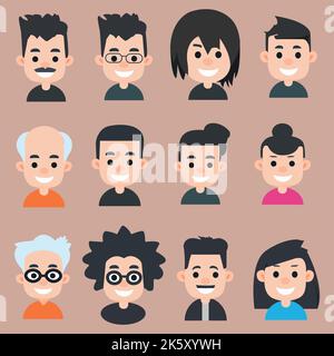 Happy smiling faces set, flat design, vector illustration Stock Vector