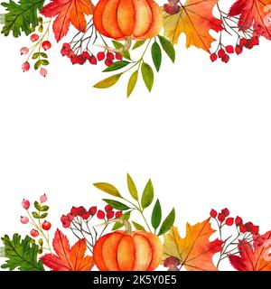 Autumn leaves, fruits and vegetables pumpkin, apples, berries, nuts . Thanksgiving horizontal border frame Stock Photo