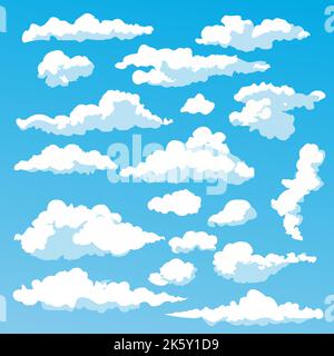 Cloud set. Blue sky and white clouds. Nature weather elements vector flat stock illustration set Stock Vector