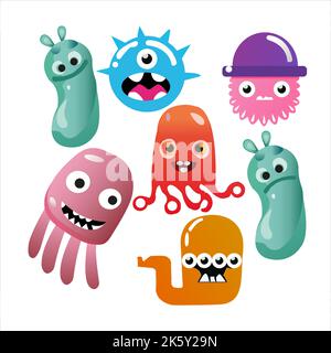 Set of seven cute funny monsters with different emotions isolated on white . doodles colorful vector illustrations Stock Vector