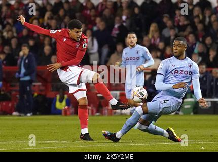 Nottingham Forest's Morgan Gibbs-White attempts a shot on goal during the Premier League match at City Ground, Nottingham. Picture date: Monday October 10, 2022. Stock Photo