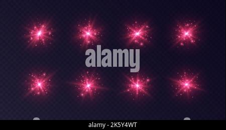 Lens flares with sparkles, red starbursts set, shiny camera flashes. Stock Vector