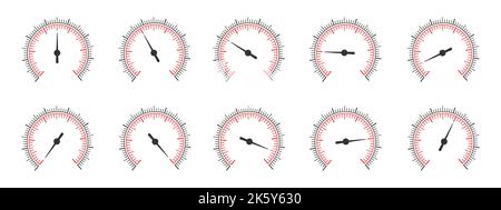 Set of round measuring scales with rotating arrows. 360 degree templates of pressure meter, manometer, barometer, compass, navigation or meteorological tool. Vector graphic illustration Stock Vector