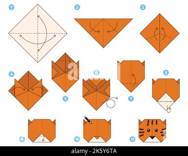 Origami tutorial. Origami scheme for kids. Tiger.  Stock Vector