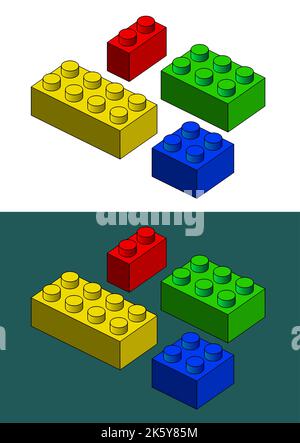 Stylized vector illustrations of isometric drawings of colorful plastic building blocks for child developing game Stock Vector