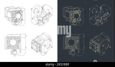 Stylized vector illustrations of blueprints of 3d printer extruder Stock Vector