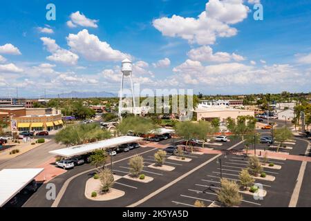 Gilbert, Arizona, USA. Suburb of Phoenix. Drone rises over parking lot. Stock Photo