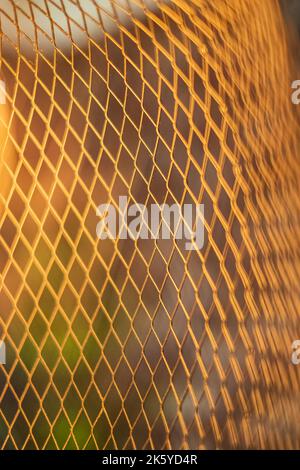 Closeup photo, abstract background, metallic structure net. Warm orange color flexible bend abstract trellised background, macro photo. Nobody, blurre Stock Photo