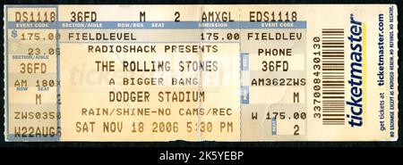 Vintage ticket stub from a Rolling Stones concert at Dodger Stadium for the tour 'A Bigger Bang' on Nov. 18, 2006 in Los Angeles, CA. Stock Photo