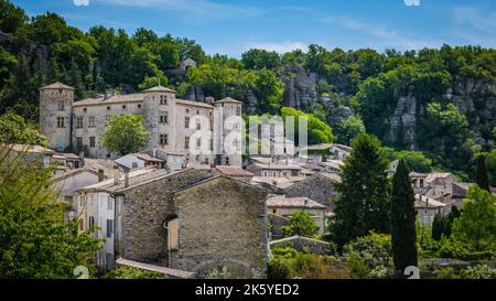 View on the Vogûé medieval village and its castle, in the south of France (Ardeche) Stock Photo