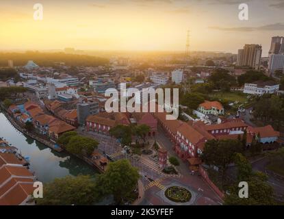 Aerial view Malacca city during sunrise. Noise slightly appear due to high ISO Stock Photo