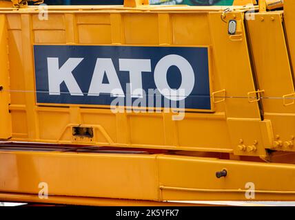 SAMUT PRAKAN, THAILAND, SEP 23 2022, The inscription on the crane's hydraulic arm Stock Photo