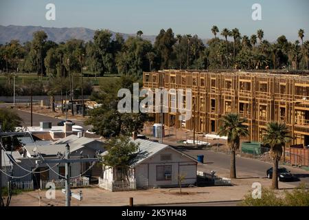 Afternoon view of construction activity and historic structures in downtown Chandler, Arizona, USA. Stock Photo