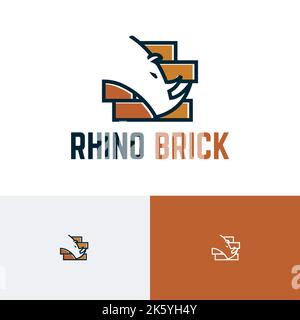 Rhino Brick Rhinoceros Wild Animal Strong Construction Wall Logo Stock Vector
