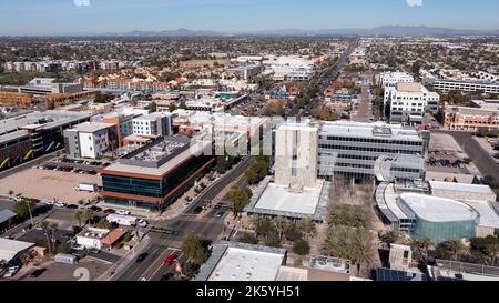 Chandler, Arizona, USA - January 4, 2022: Afternoon sunlight shines on the urban core of downtown Chandler. Stock Photo