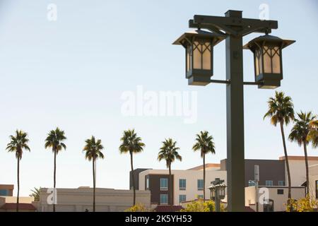 Street lamp framed view of downtown Chandler, Arizona, USA. Stock Photo