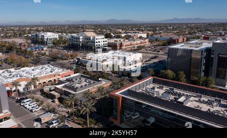 Chandler, Arizona, USA - January 4, 2022: Afternoon sunlight shines on the urban core of downtown Chandler. Stock Photo