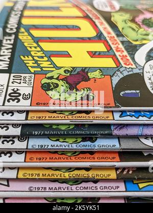 New York City, USA - October 2022: A stack of vintage Incredible Hulk comic books sold as part of an old 1970s Marvel Comics collection Stock Photo