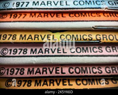 New York City, USA - October 2022: A closeup view of vintage Marvel comic books that are listed for sale to collectors of bronze age comics from the 1 Stock Photo