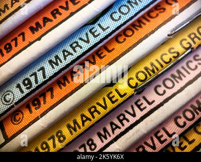 New York City, USA - October 2022: A closeup view of vintage Marvel comic books are on sale to collectors of bronze age comics from the 1970s Stock Photo