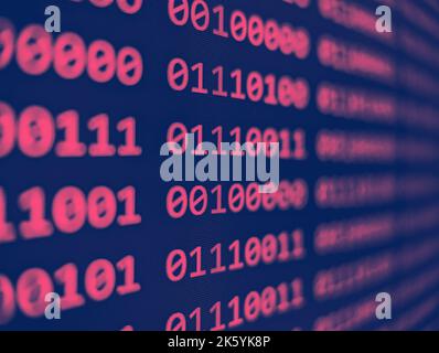 Closeup view of binary computer code with pink 1s and 0s displayed on a blue screen with a focus blur effect Stock Photo