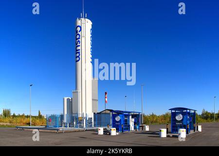 Gasum liquefied natural gas, LNG, and liquefied biogas, LBG, gas filling station for heavy transport in Lieto, Finland. Sept 22, 2022. Stock Photo