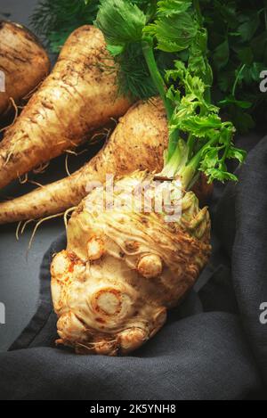 Root vegetables and herbs: celery with green stems, parsnip, parsley, dill on rustic gray stone kitchen table background, top view Stock Photo