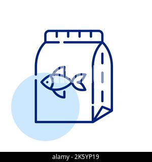 Package of cat food with fish on it. Pixel perfect, editable stroke line icon Stock Vector